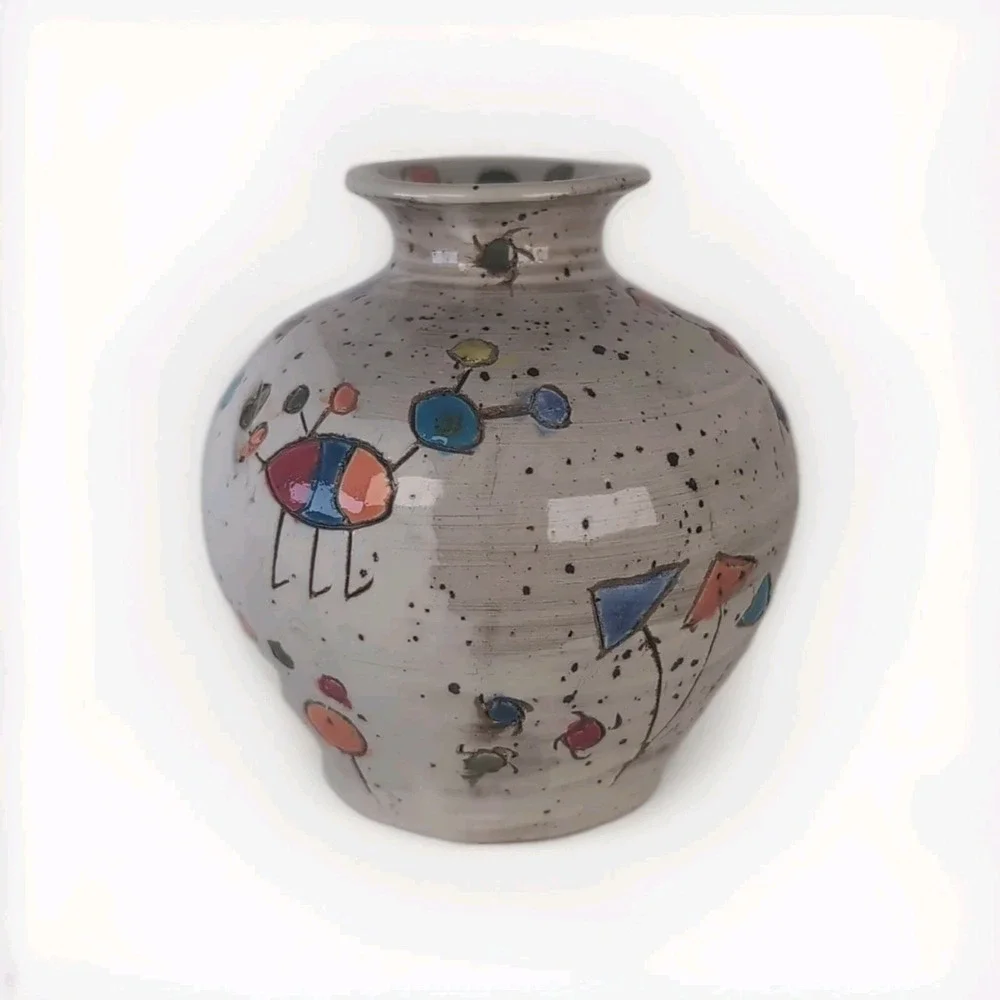 Glazed Handmade Pot/Vase Colorful Design Signed & Dated Contemporary, Cute Bugs?